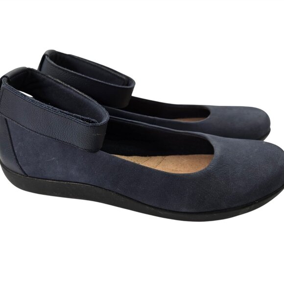 Clarks Cushion Soft 8.5 Navy Mary Jane Flats Ankle Strap Medora Nina - Picture 2 of 13
